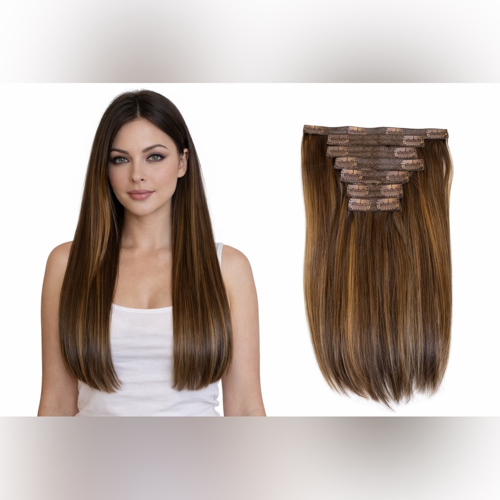 Cambodian straight human hair 7pc clip-in hair extensions color B2/5